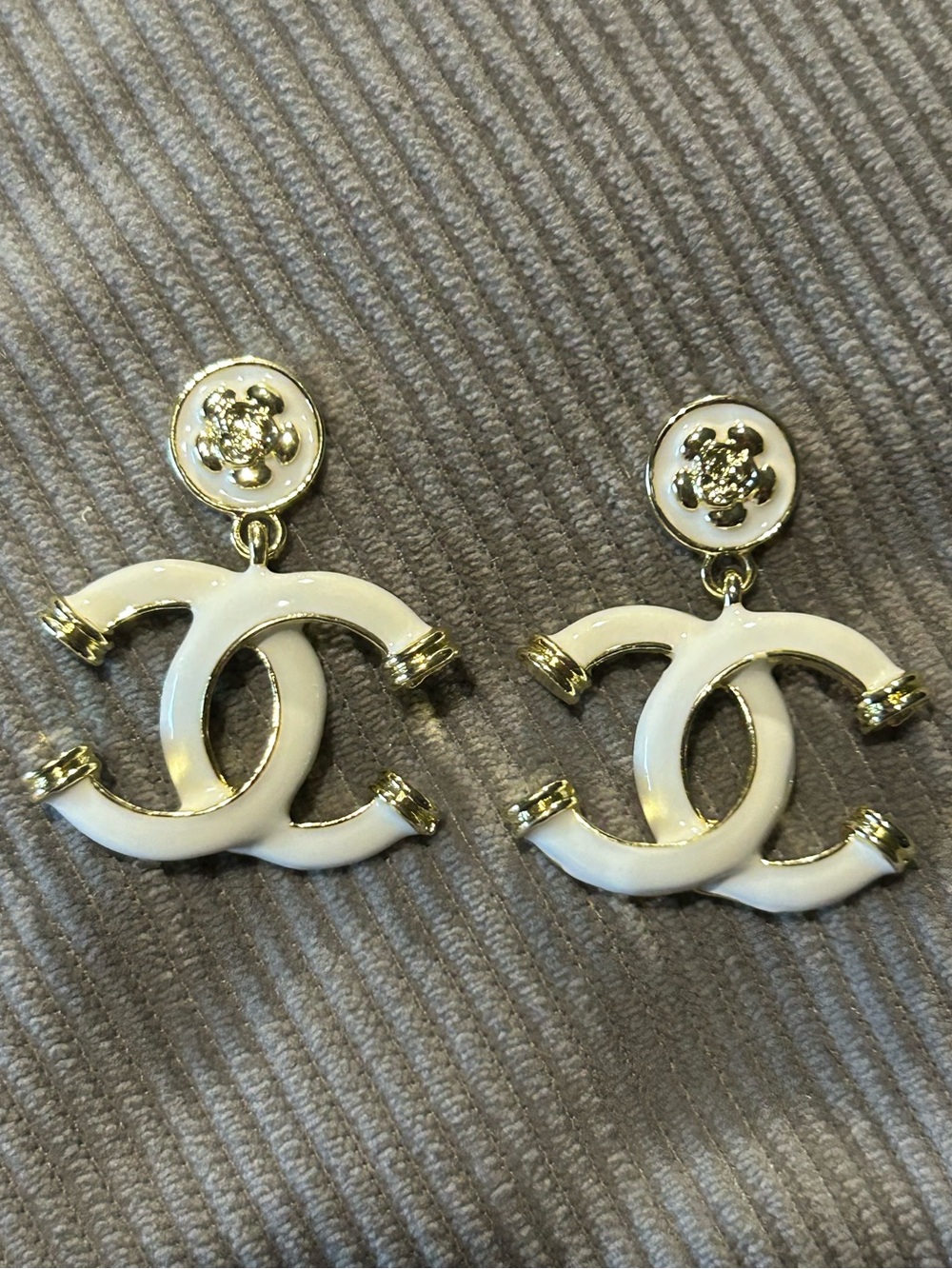 White Enamel & Gold Interlocking  Lettered C Drop Earrings